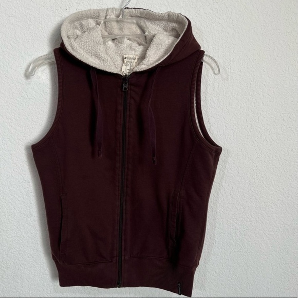Columbia Brown Jersey Knit Hooded Vest Faux Shearling Lined  Pockets  Small